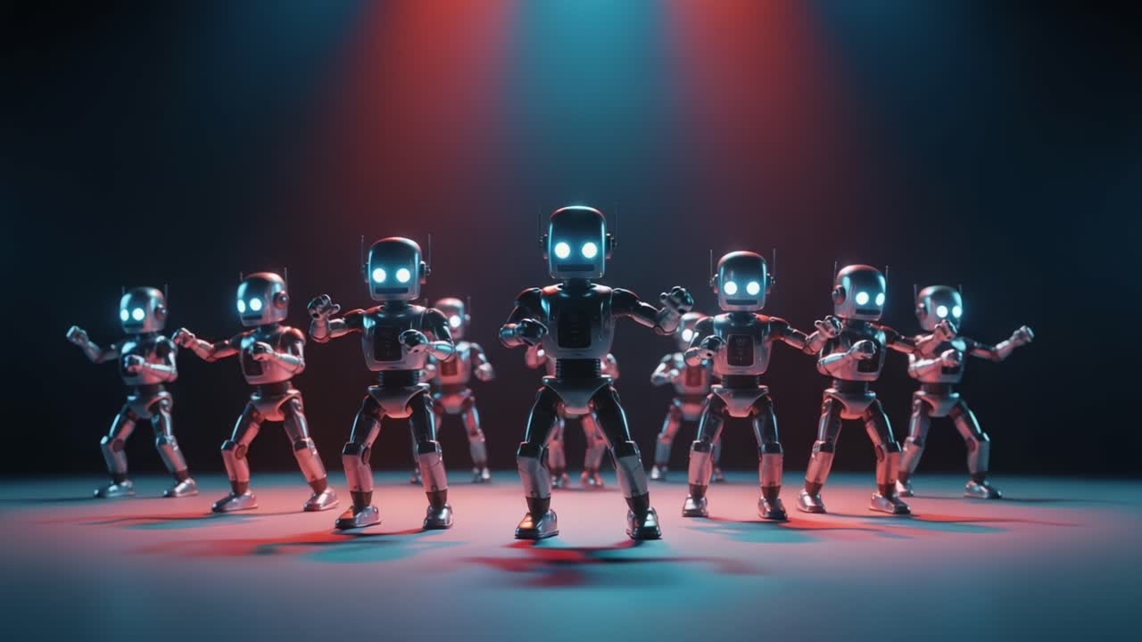 A Group of Dancing Robots Displaying Impressive Synchronization and Movement in a Colorful Light Environment, Showcasing Futuristic Technology and Innovation