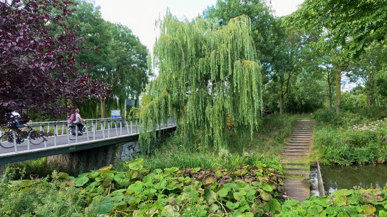 People ride bicycles across a modern bridge in a green, tranquil park with natural lighting