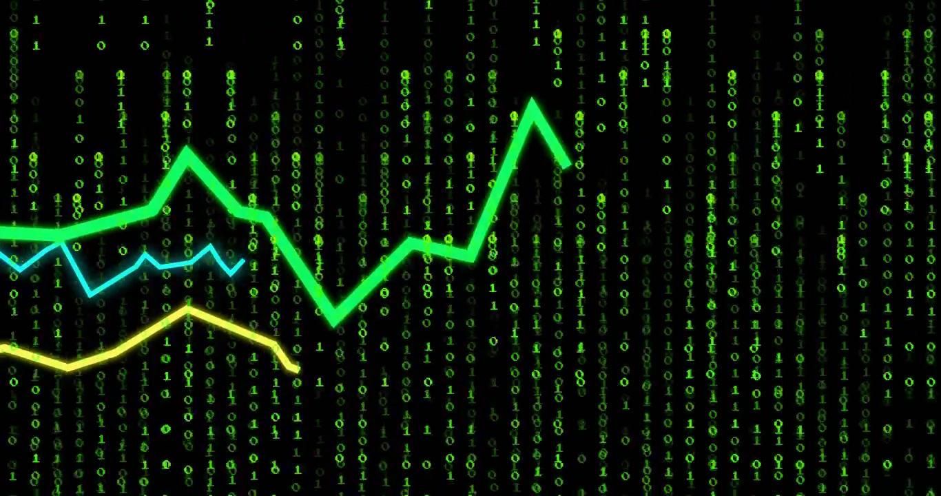 Tre linee al neon che emergono dal basso a sinistra, creando un binario più denso che si muove a destra, mostrando le tendenze dei dati.