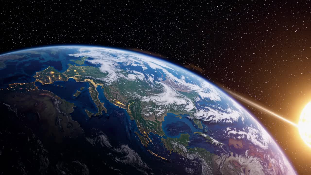 Aerial view of Earth from space with a sunrise, capturing a cosmic video feel