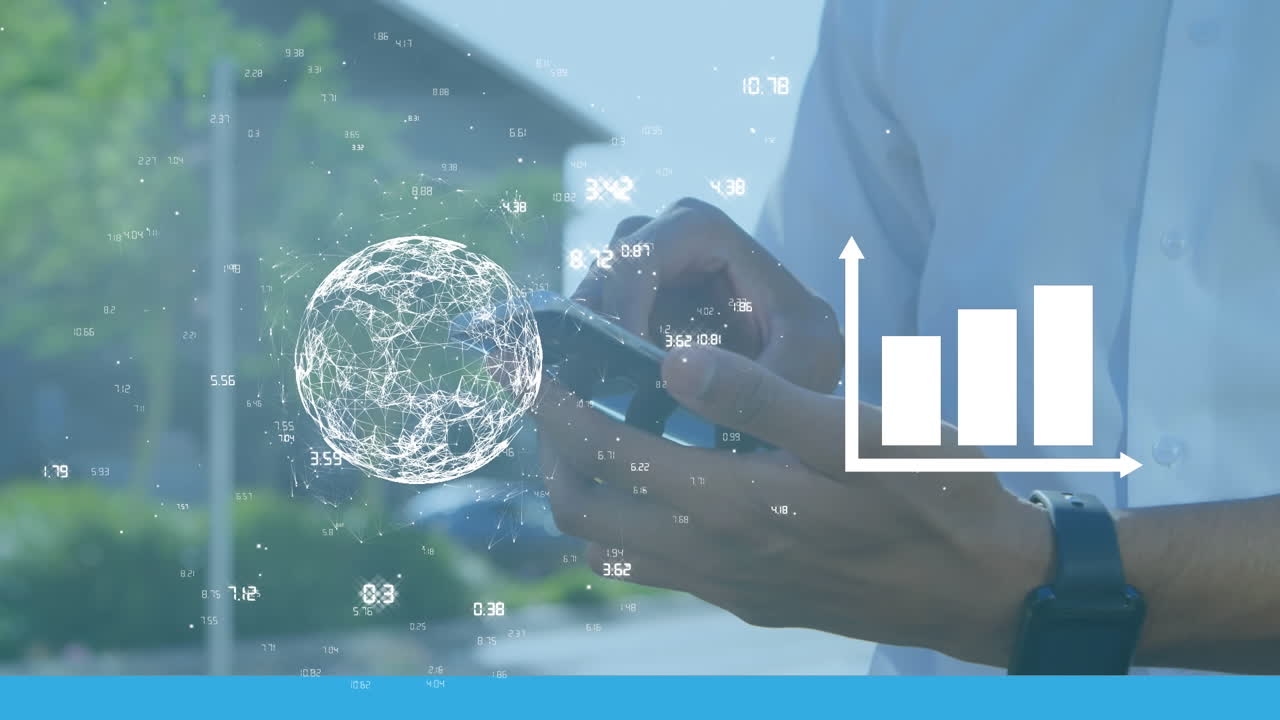 스마트폰을 사용하는 금융 데이터 처리 및 전 세계 사업가의 애니메이션