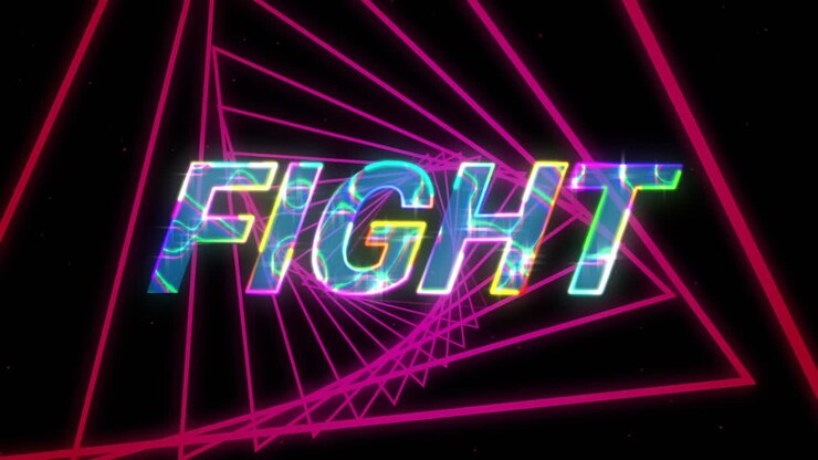 Animation of fight text over neon tunnel on black background