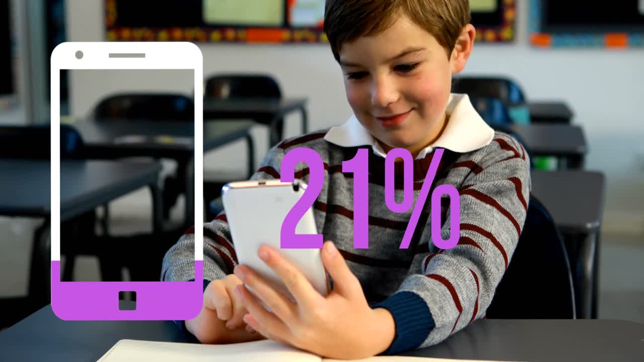 animación del icono del teléfono inteligente con un número creciente de escolares caucásicos que usan el teléfono inteligente.