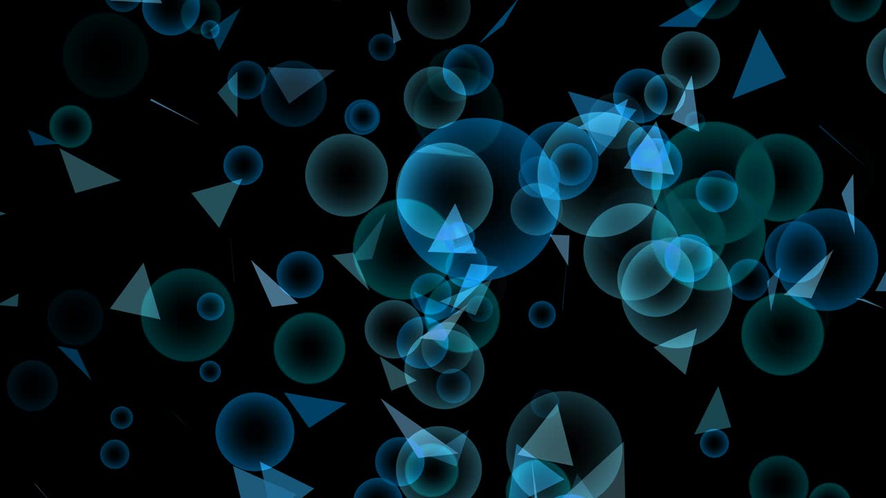 burbujas borrosas de varios tamaños y movimiento de vuelo triangular en fondo de pantalla negra