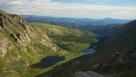 Cinematic-late-morning-view-Denver-Chicago-Echo-lakes-Mount-Evans-Bierstadt-14er-front-range-foothills-Rocky-Mountains-Idaho-Springs-wide-scenic-landscape-view-pan-to-the-left