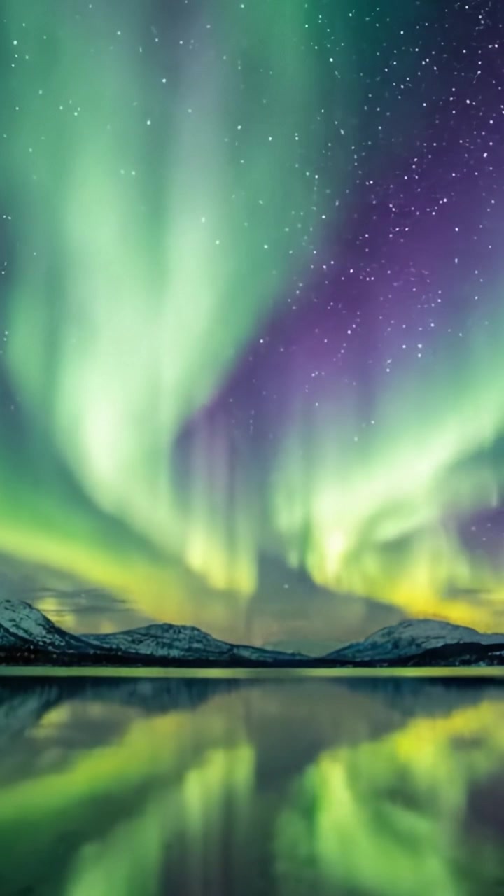 Spettacolo ipnotizzante dell'aurora boreale: un sereno riflesso di aurore vibranti che illuminano il cielo notturno sopra un lago calmo circondato da maestose montagne.