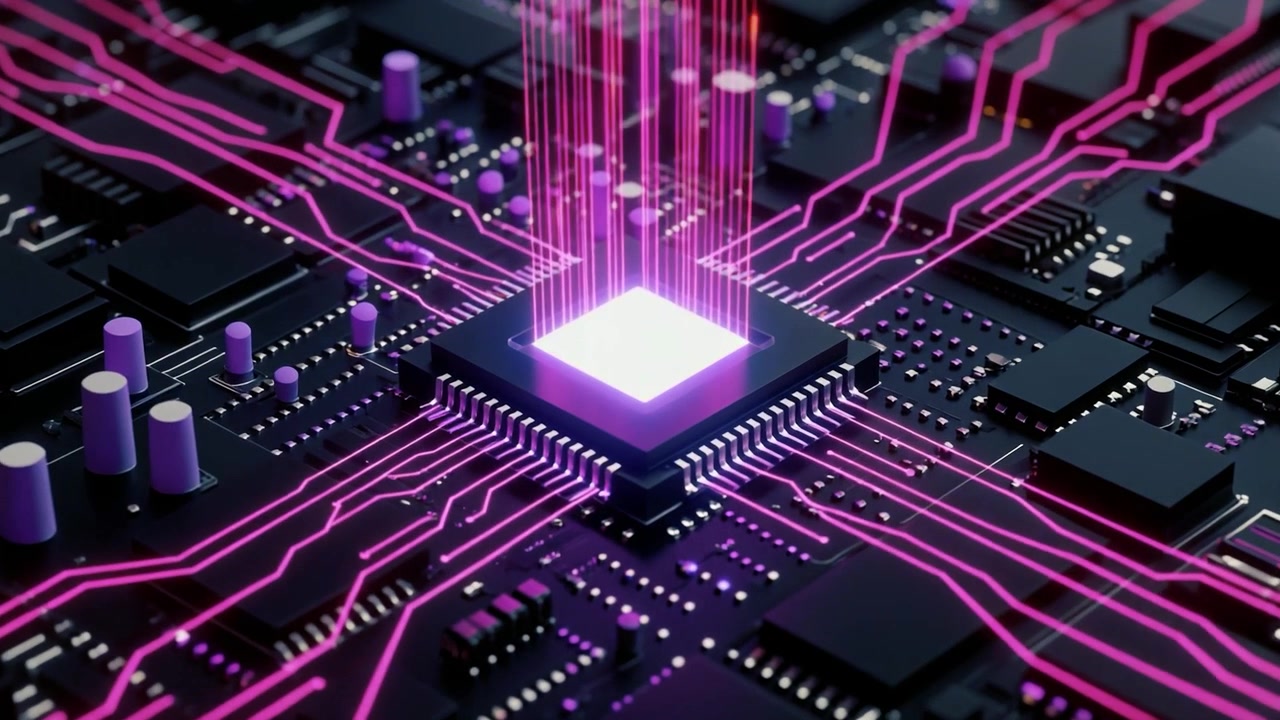 Central processorchip med glødende datastrømme på et printkort