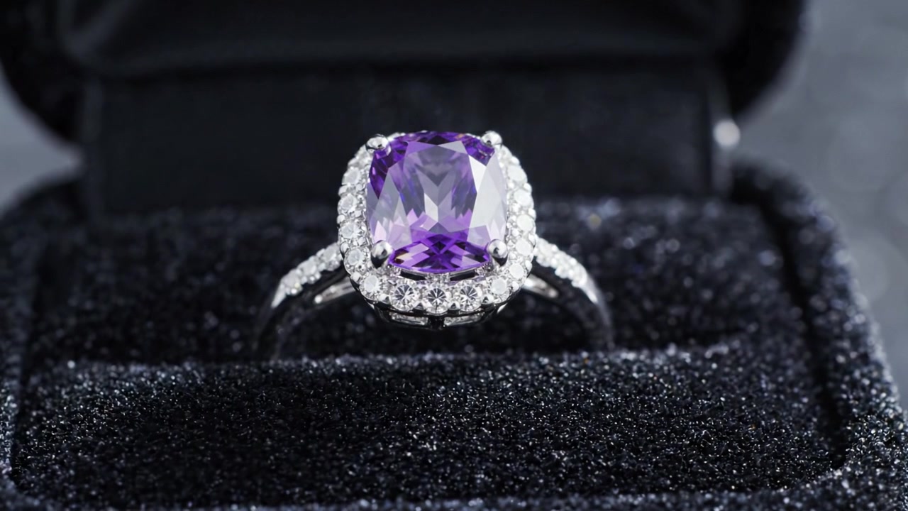 Splendido anello con gemma viola esposto elegantemente in una lussuosa scatola di velluto, adornato con diamanti scintillanti che ne esaltano la bellezza e il fascino.