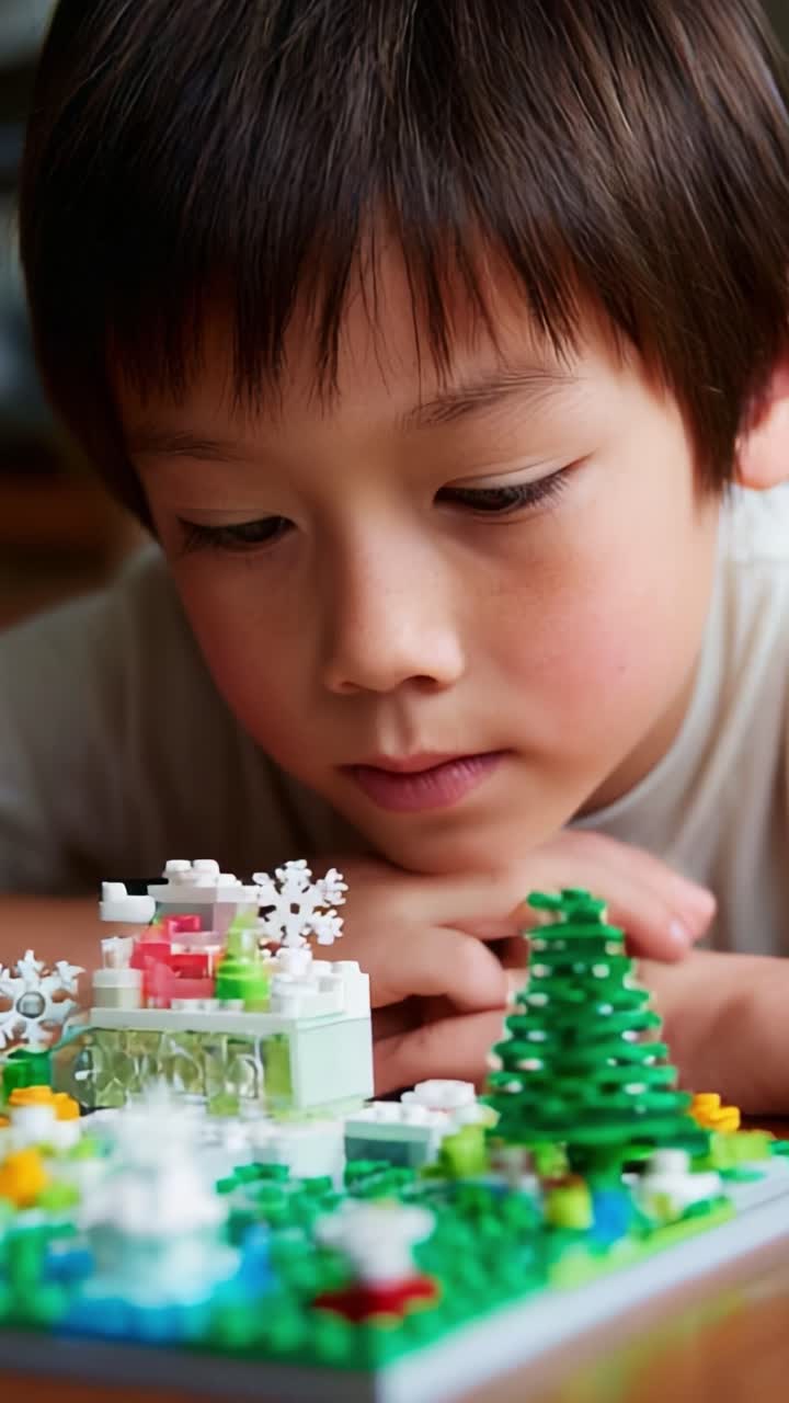 A Young Builder Engaged in Creative Play as He Constructs a Miniature Winter Wonderland with Colorful LEGO Pieces, Displaying Imagination and Focus on His Crafting Skills in Each Frame