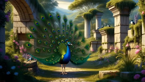 peacock in a lush garden