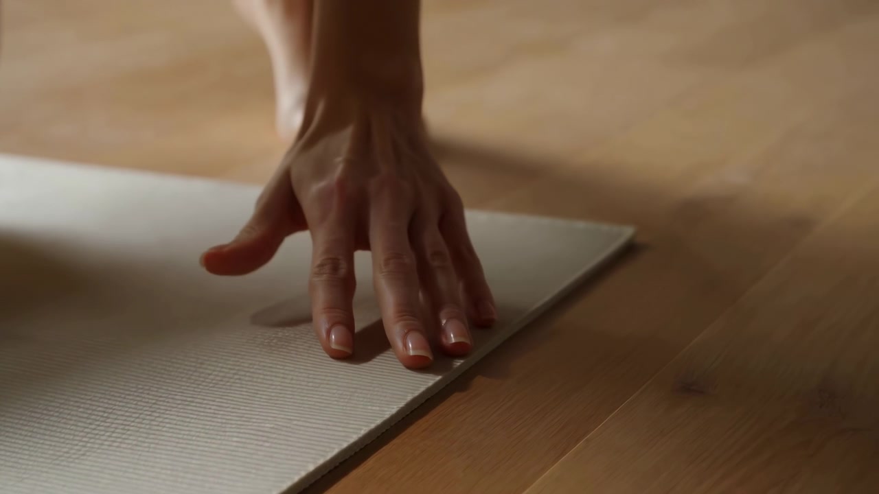 Close-up shows one hand resting and moving gradually beside light textured exercise mat on wooden flooring, with soft warm illumination, shallow focus, calm indoor atmosphere, and simple composition.