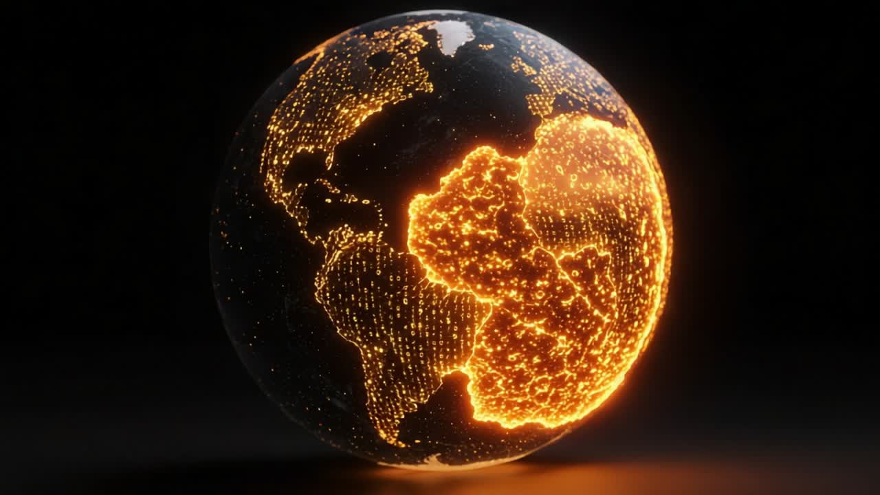 A Stunning 3D Visualization of Earth Highlighting Continental Shapes and Patterns with an Illuminated Network of Data Points Representing Global Dynamics