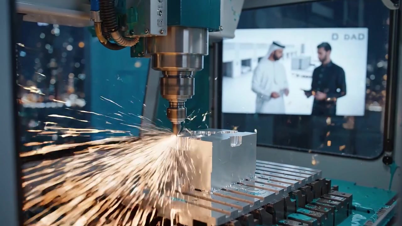 Ingegneri che esaminano un progetto 3D su schermo e la produzione di macchine CNC