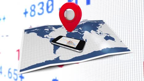 animación del procesamiento de datos financieros de la bolsa de valores con pin de ubicación giratoria sobre el mapa y el smartp