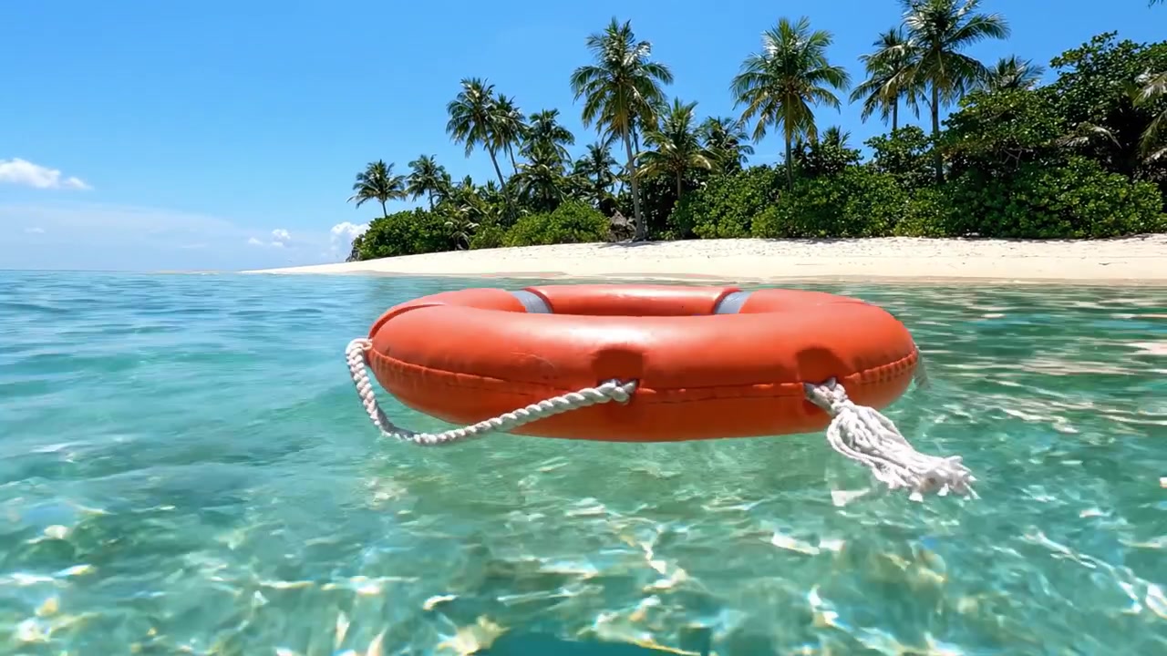 A Bright Orange Lifebuoy Floating Calmly on Crystal Clear Water with Lush Tropical Palm Trees and a Serene Beach in the Background, Evoking a Sense of Safety and Relaxation
