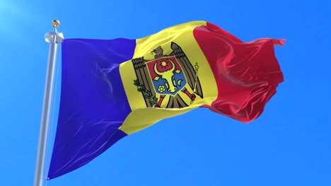 flag of moldova waving at wind in slow in blue sky, loop