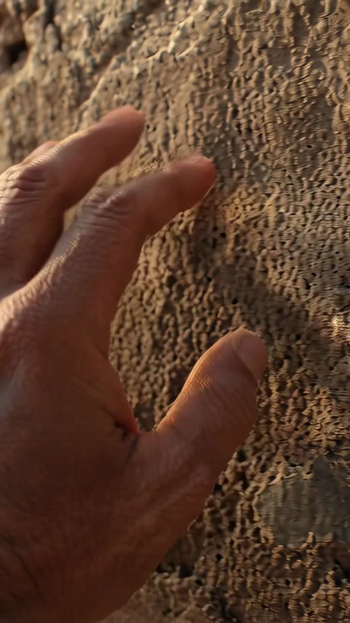 Vertical video: Touching hand sliding fingers across sunlit rock face, feeling fissures, copy space