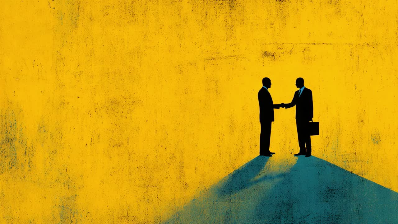 Due professionisti si stringono la mano su uno sfondo giallo vivace, a rappresentare partnership, negoziazione e creazione di rapporti commerciali di successo in un ambiente aziendale