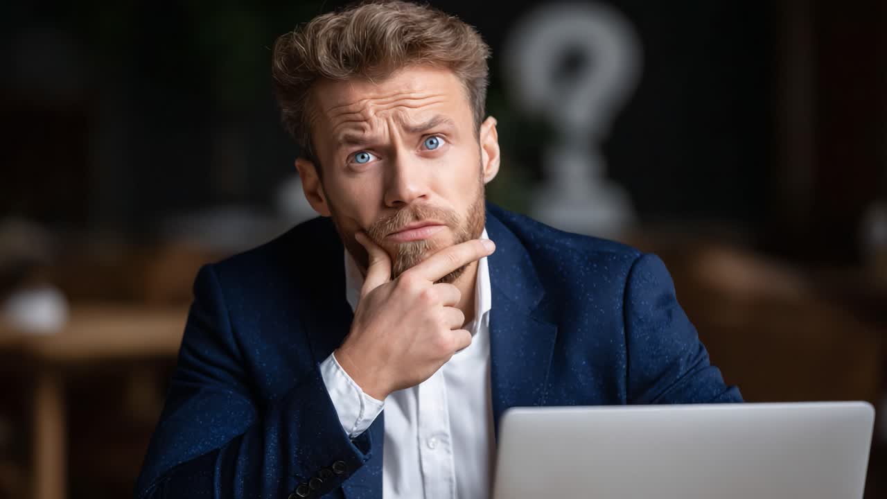 Contemplative Businessman Considering Ideas While Using Laptop at Desk in Modern Office Environment