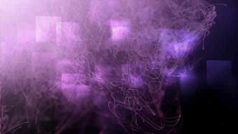 Animation-of-explosion-of-purple-light-trails-with-glowing-purple-squares-on-black-background