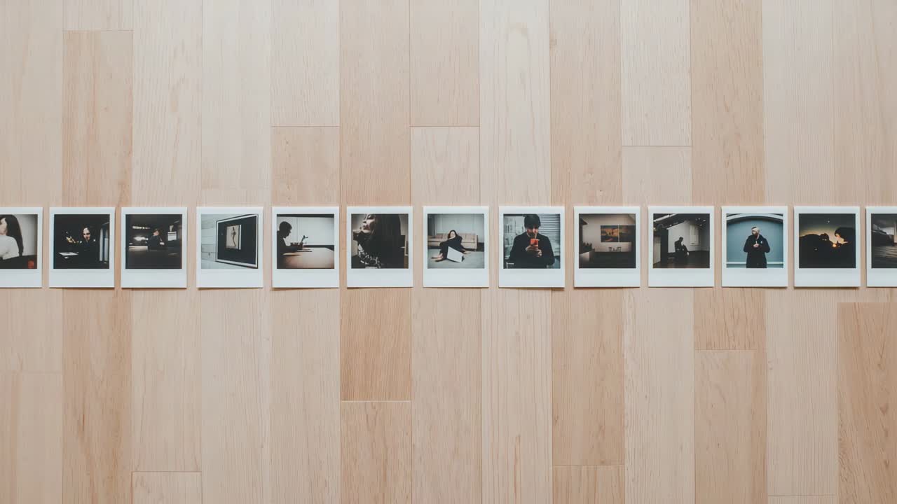 Sliding overhead camera shifting laterally on light wood planks, centering white Polaroid prints