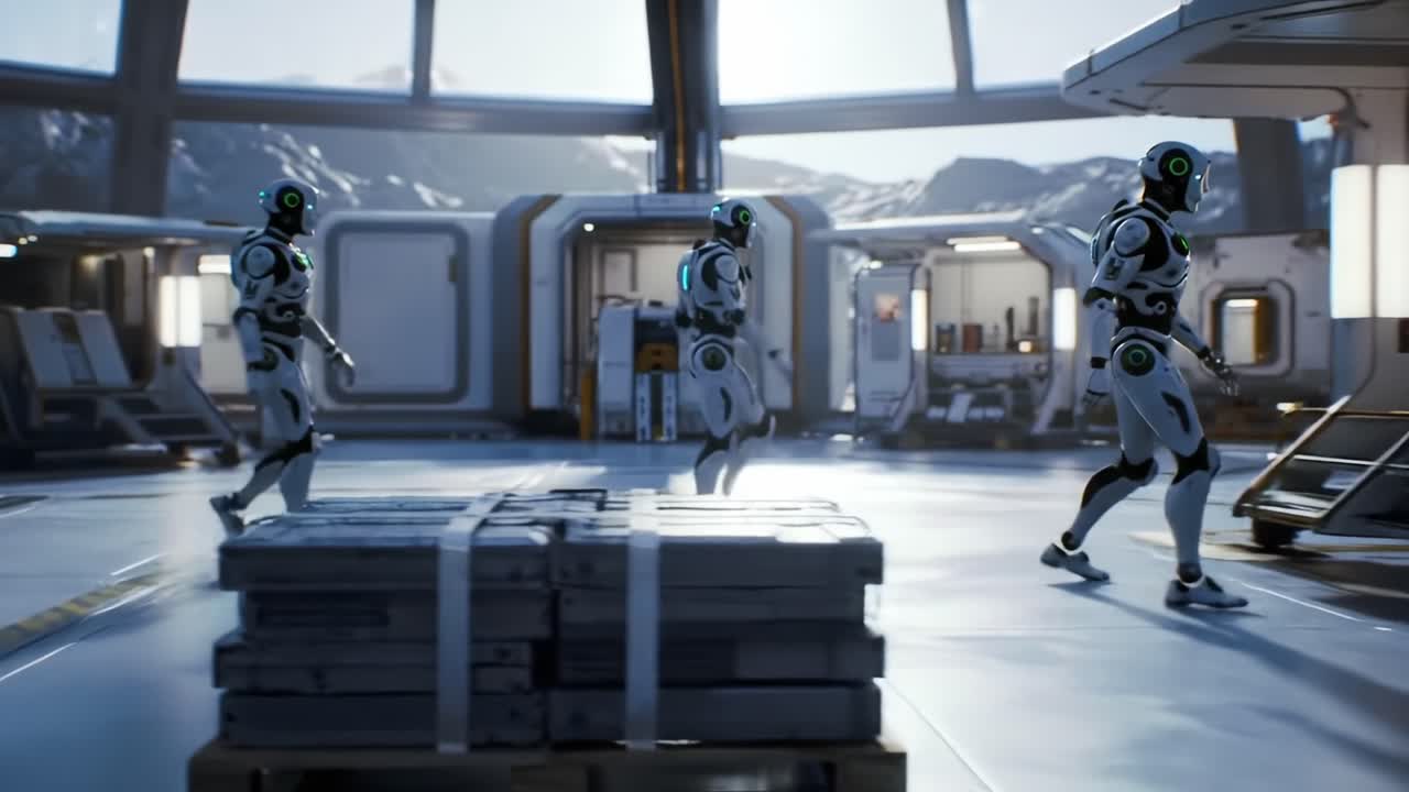 Futuristic Androids Operate Within a High-Tech Space Habitat, Showcasing Advanced Robotics and Intricate Design Amidst a Lunar Landscape