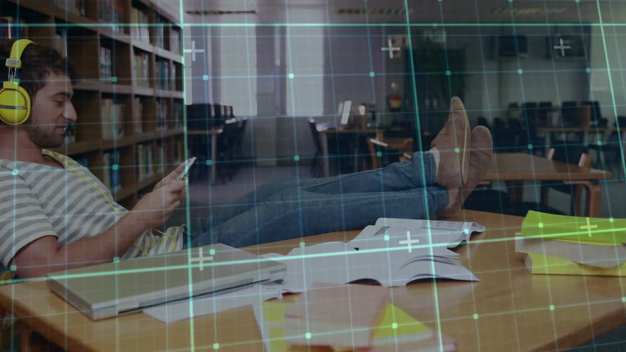 Male student lounging at campus table, pulling phone, tapping, digital grid marking notes education