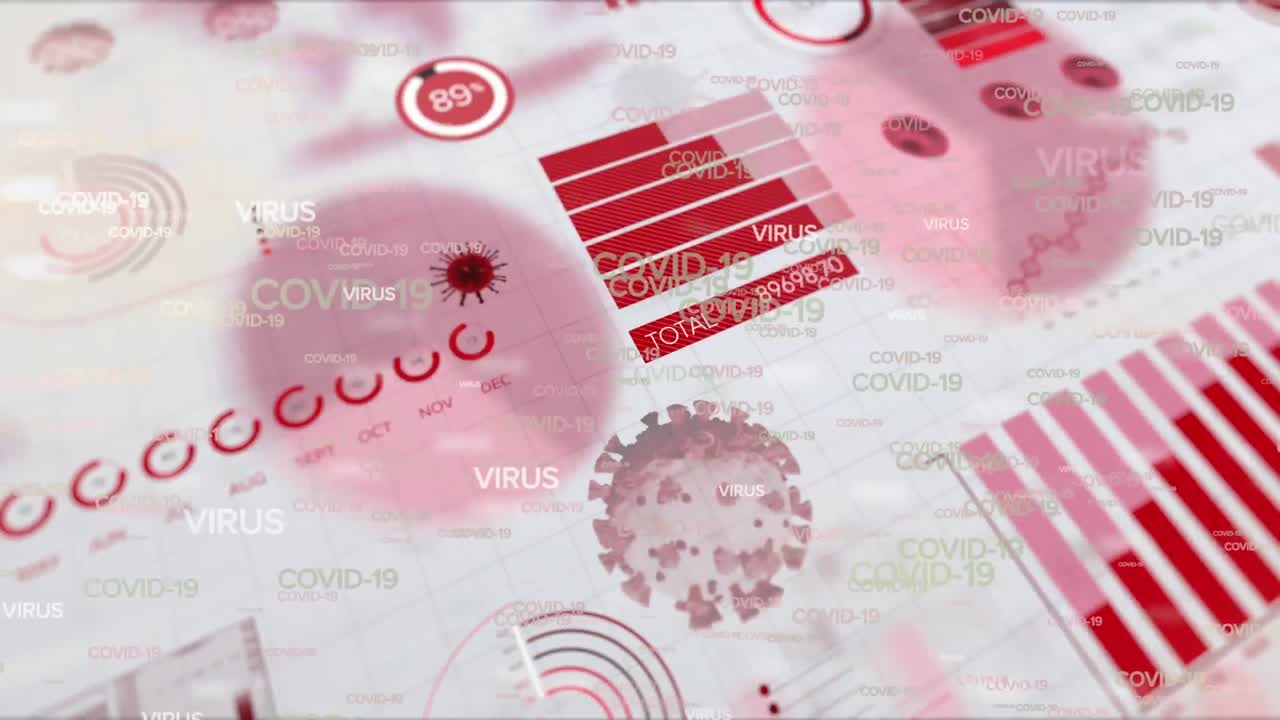 animación de células de covid 19 y texto con registro de estadísticas