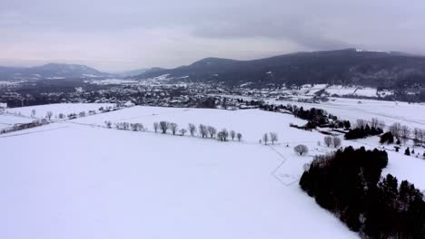 Aerial-shot-of-an-agricultural-land-in-winter-in-Baie-Saint-Paul,-Quebec