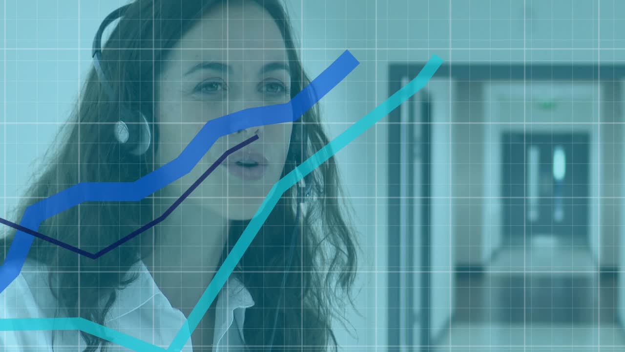 Animación de gráficos financieros y datos sobre consultora caucásica