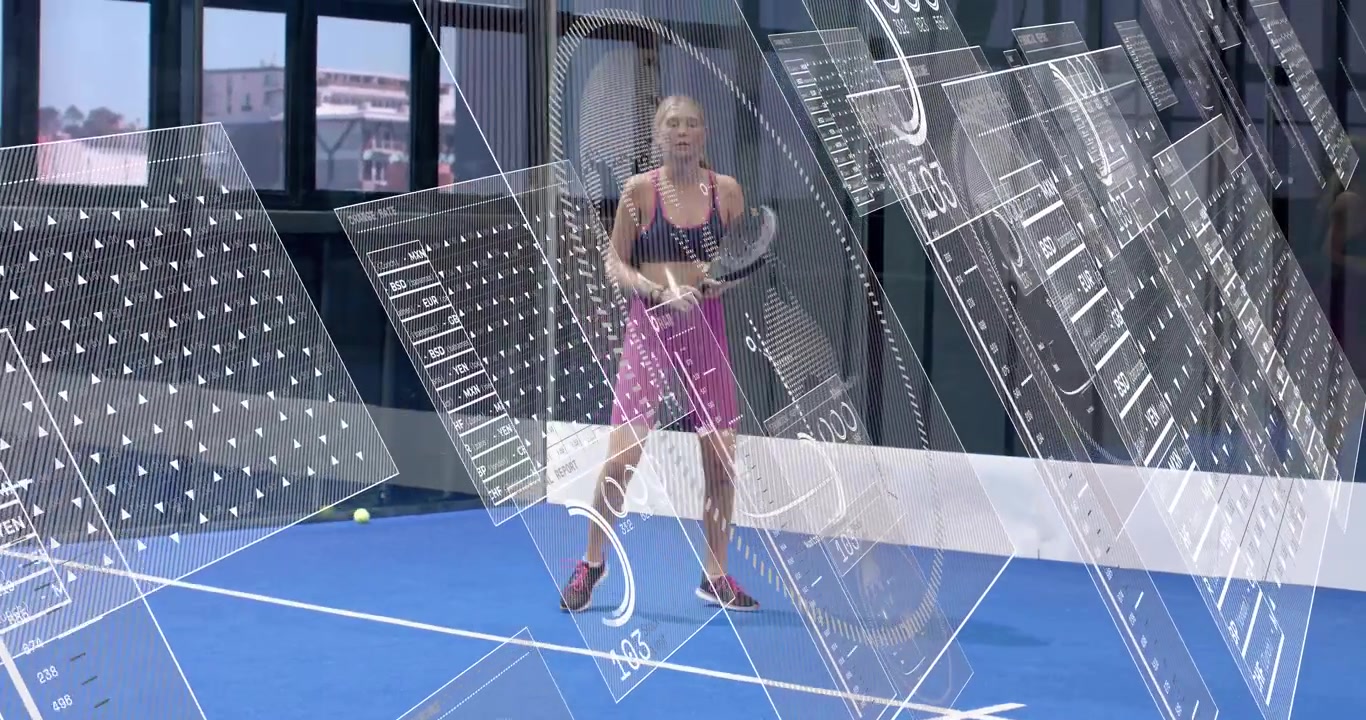 Blonde athlete bouncing at baseline as incoming ball triggers sports data graphics fueling forehand