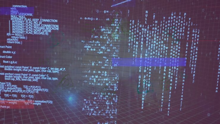 Animation of digital data processing over dark background