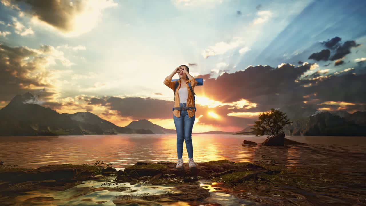Full Body Of Asian Female Hiker With Mountaineering Backpack Making Binoculars Gesture Looking At Something Then Saying Wow While Standing At A Lake During Sunset Time