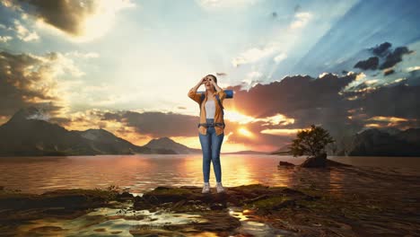 cuerpo lleno de excursionista femenina asiática con mountaineering mochila haciendo binoculares gesto mirando algo y luego diciendo wow mientras está de pie en un lago durante la hora de la puesta del sol