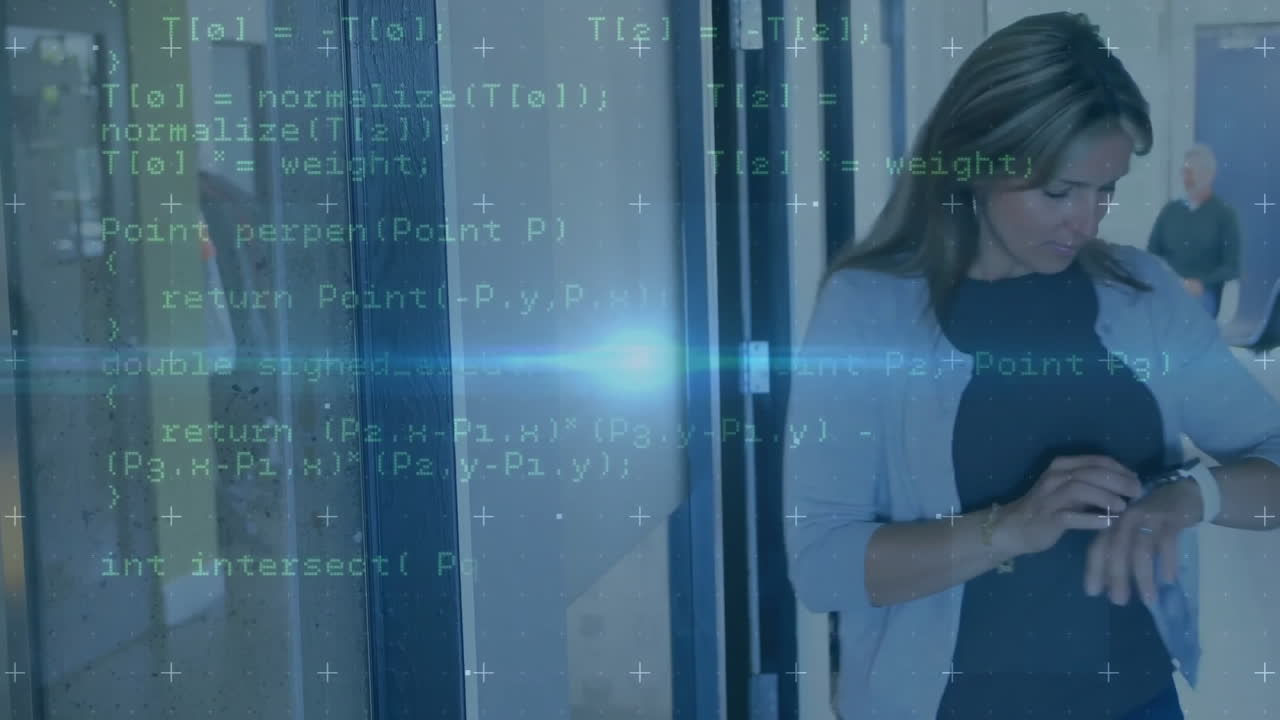 Animation of data processing over caucasian businesswoman using smartphone and smartwatch