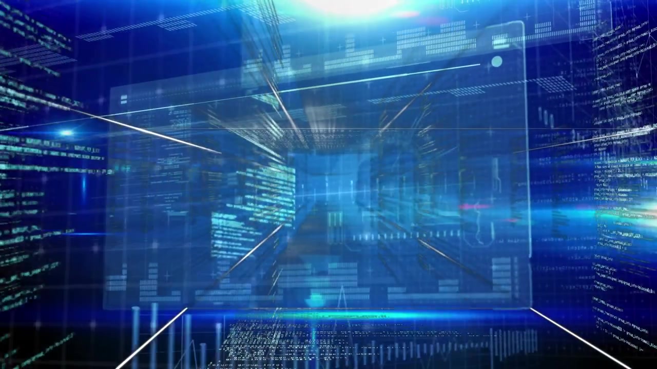 Animation of data processing and digital tunnel on black background