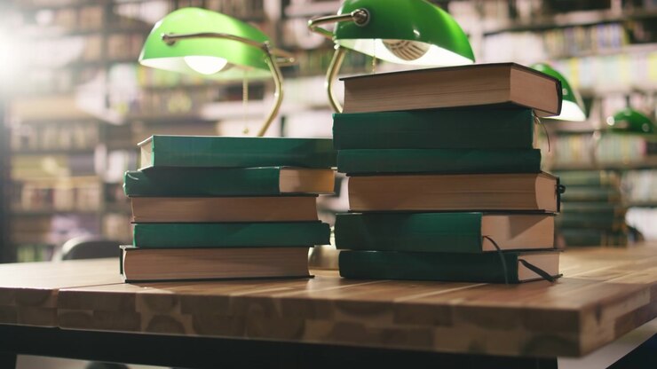 Primo piano di libri verdi in pile posizionati su un tavolo in biblioteca sotto lampade verdi.