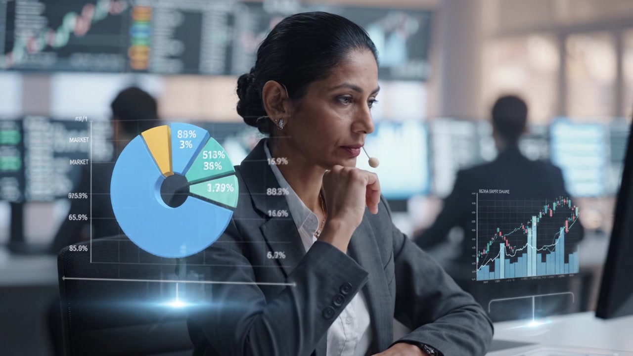 Focused Businesswoman Analyzing Financial Data with Graphical Charts in a High-Tech Office Setting, Demonstrating Professional Analytics and Market Trends