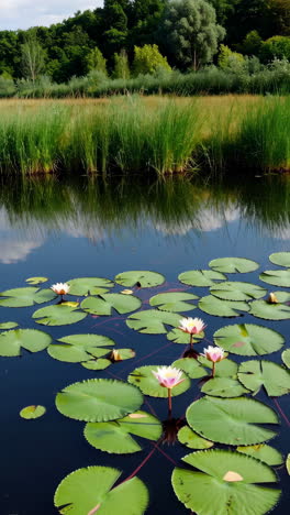 a peaceful pond with water lilies and lush greenery