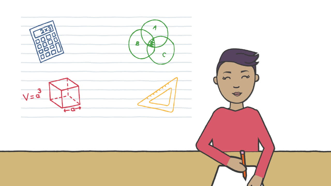 Animation of calculator and mathematics icons on ruled paper and schoolboy writing on white