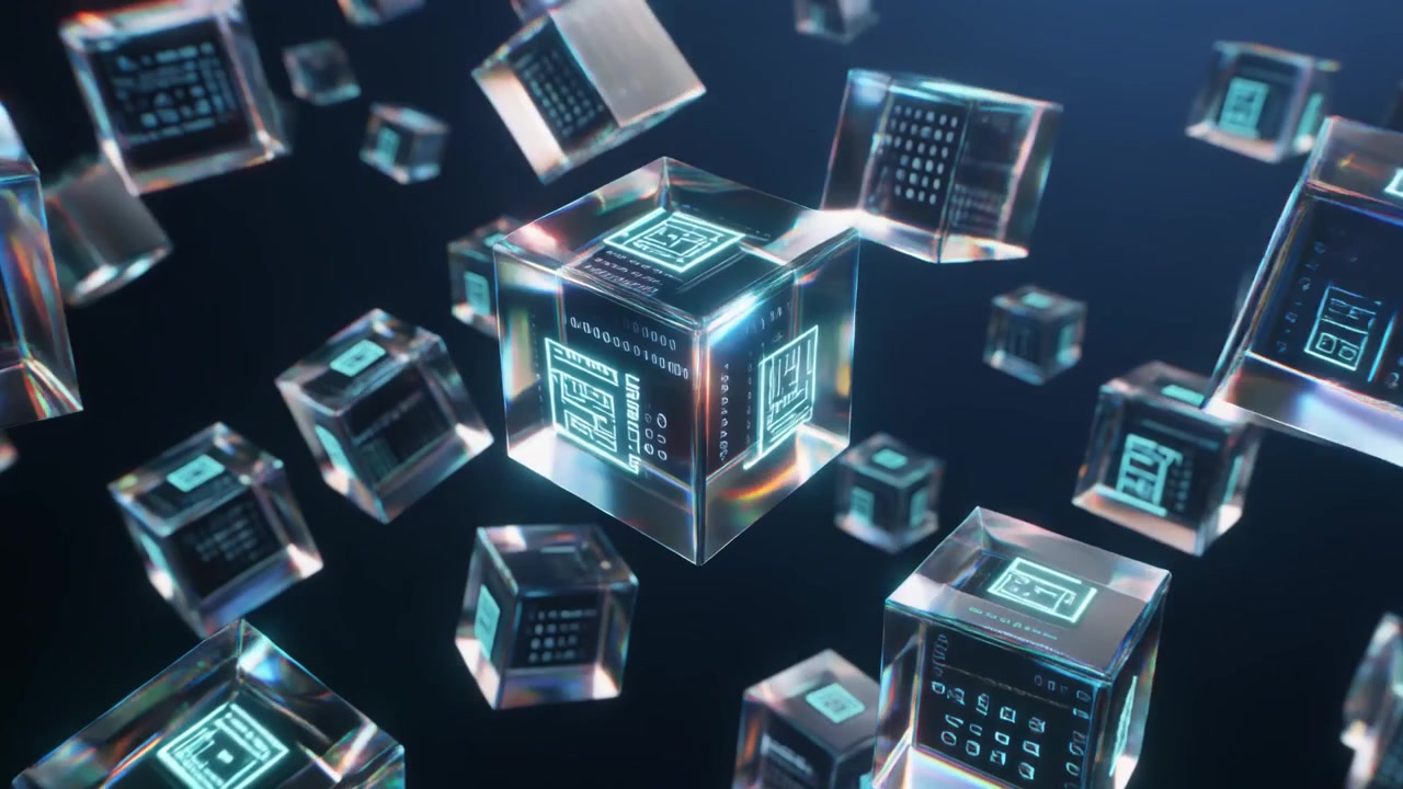 Floating Glass Cubes with Glowing Digital Data Interfaces