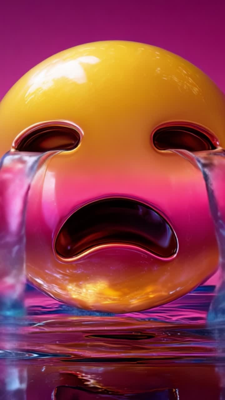 A vibrant, emotive depiction of a melancholic expression captured in a glossy yellow ball, emphasizing deep emotional themes through colorful elements and reflections