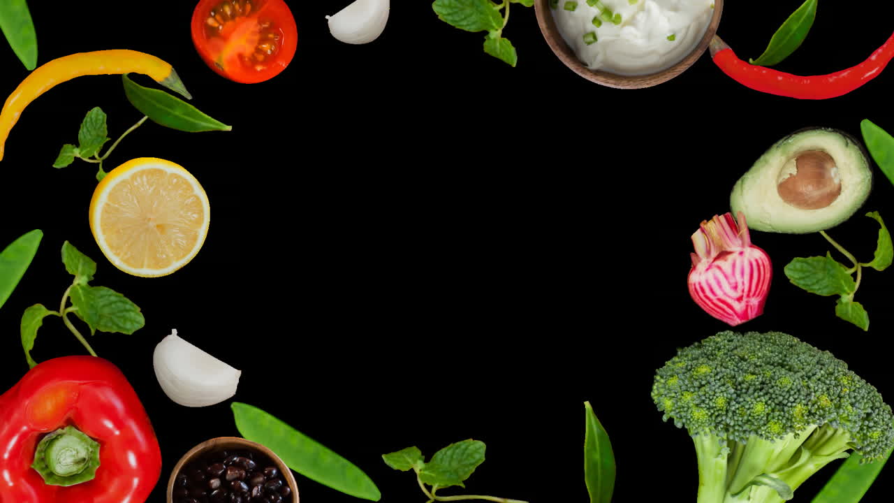 cocinar ingredientes de verduras y frutas en movimiento