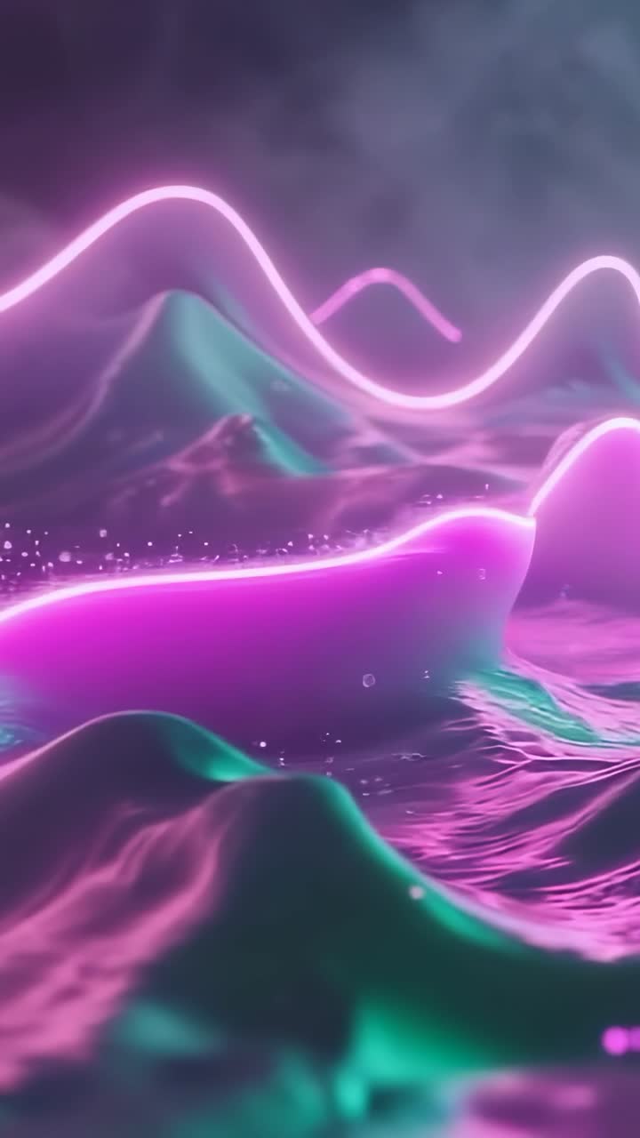 Vertical video: Animating neon sine wave moving above pink-teal waves in haze, emitting particles