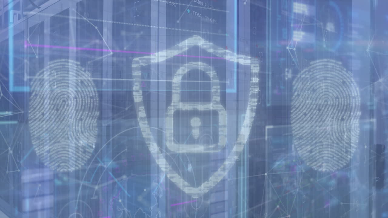 Animation of lock and shield with fingerprints scanning over connected dots and graphs