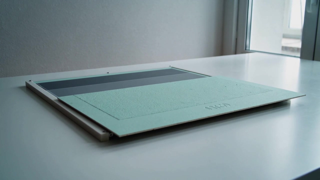 Hinge shifting, tilting teal panel pivoting on aluminum frame on white table, revealing dark strip