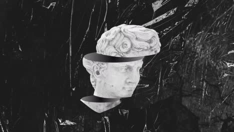 animación de una escultura antigua de cabeza cortada sobre un fondo de angustia en blanco y negro.