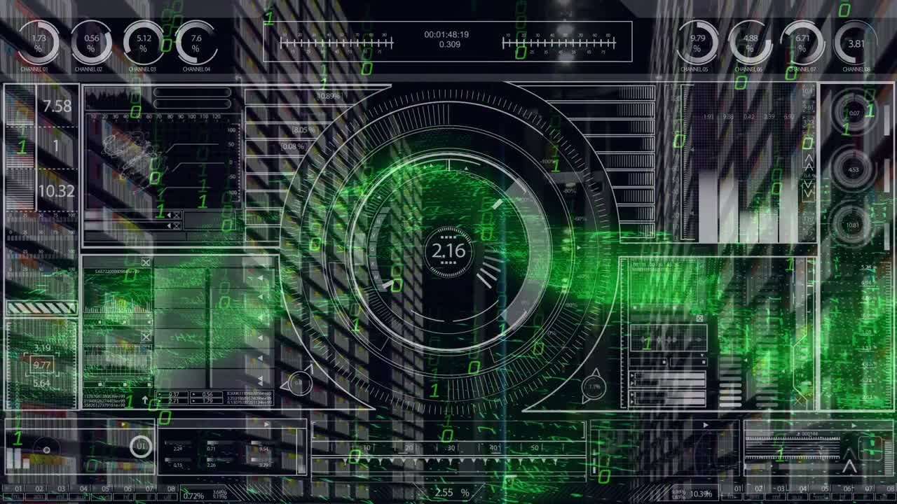 animación de datos con procesamiento de hud contra el patrón abstracto verde en la interfaz digital