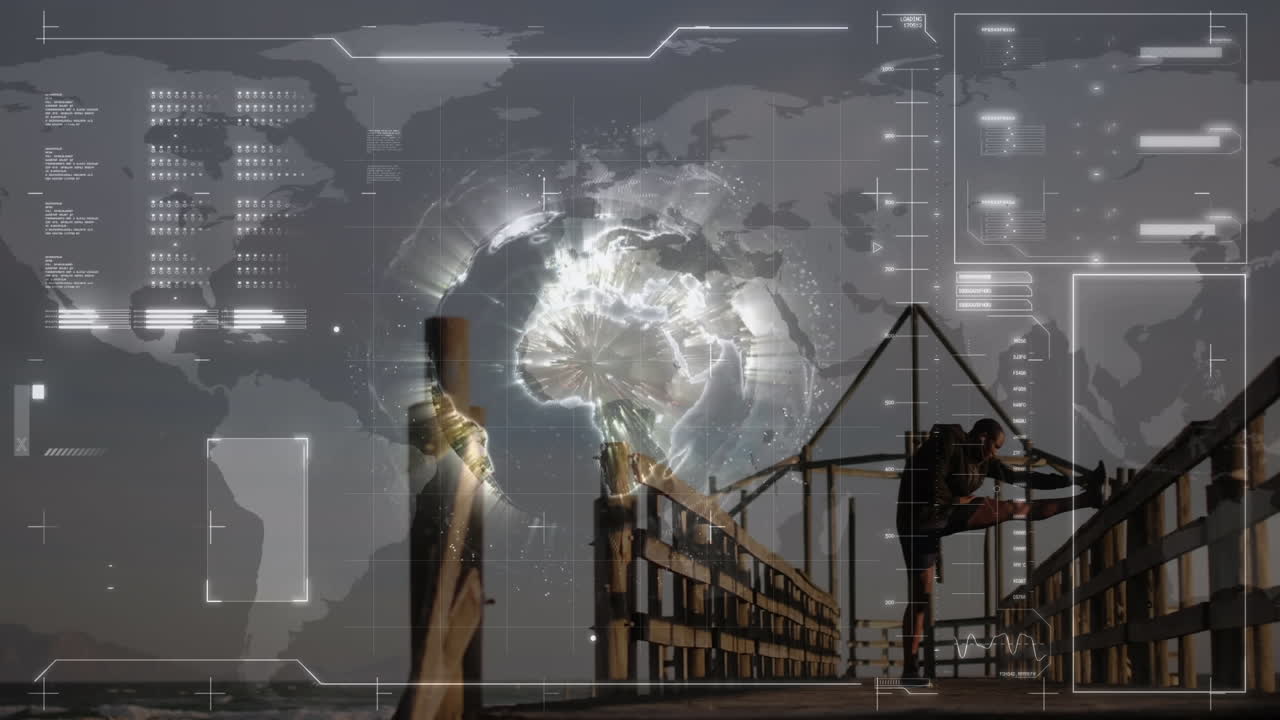 animación del procesamiento de datos sobre un hombre en forma haciendo ejercicio en la playa