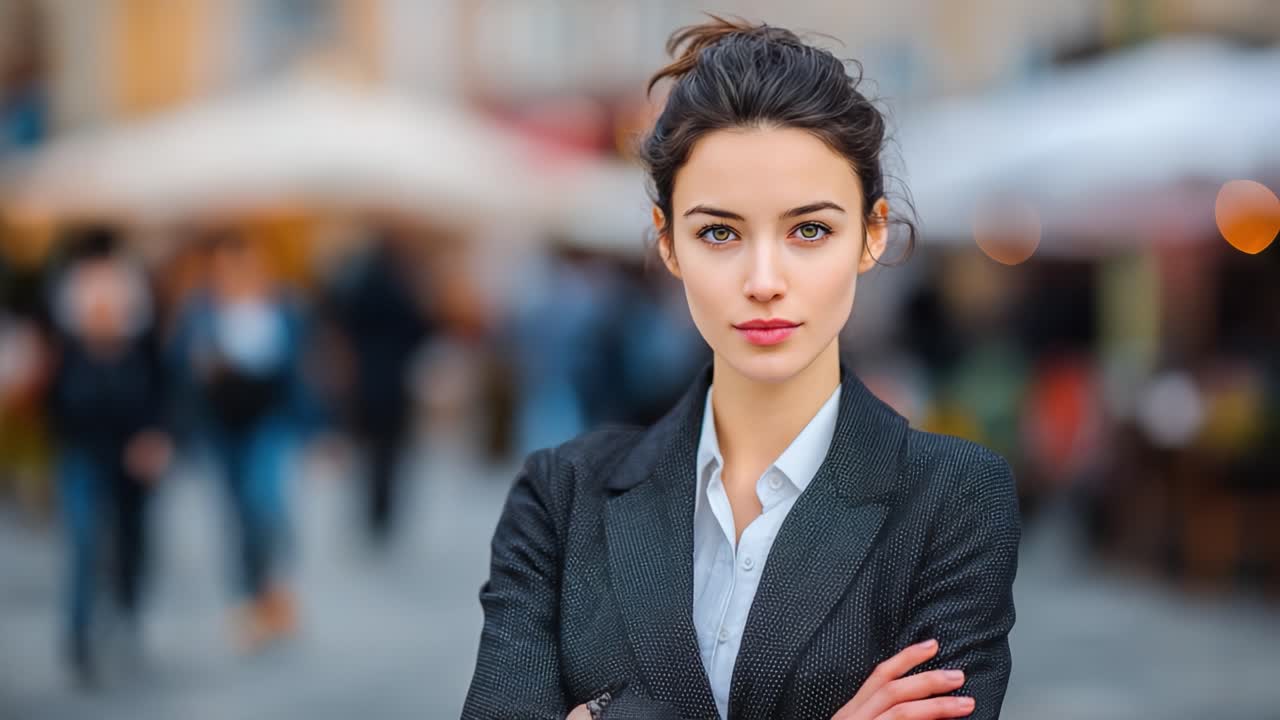 Una Donna d'Affari Sicura di Sé in un Contesto Professionale, Ripresa in Due Inquadrature Distinte che Mostrano la Sua Composure e Riflessività in un Ambiente Frenetico